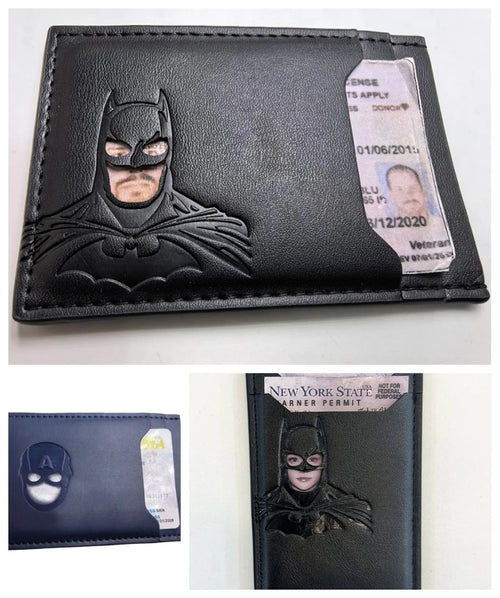 Skórzany portfel Bat – personalizowane etui na karty z motywem maski superbohatera