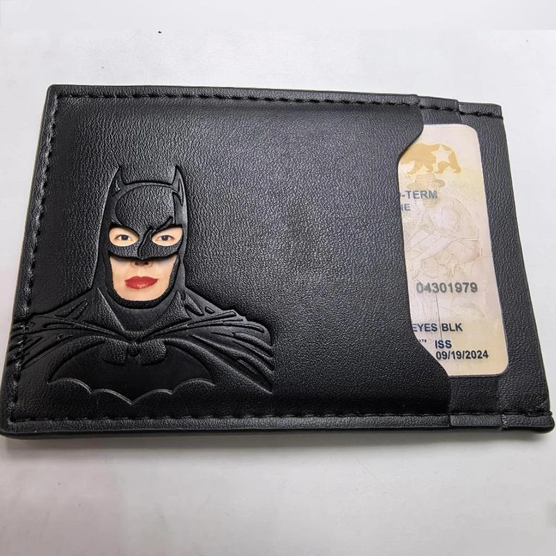 Skórzany portfel Bat – personalizowane etui na karty z motywem maski superbohatera
